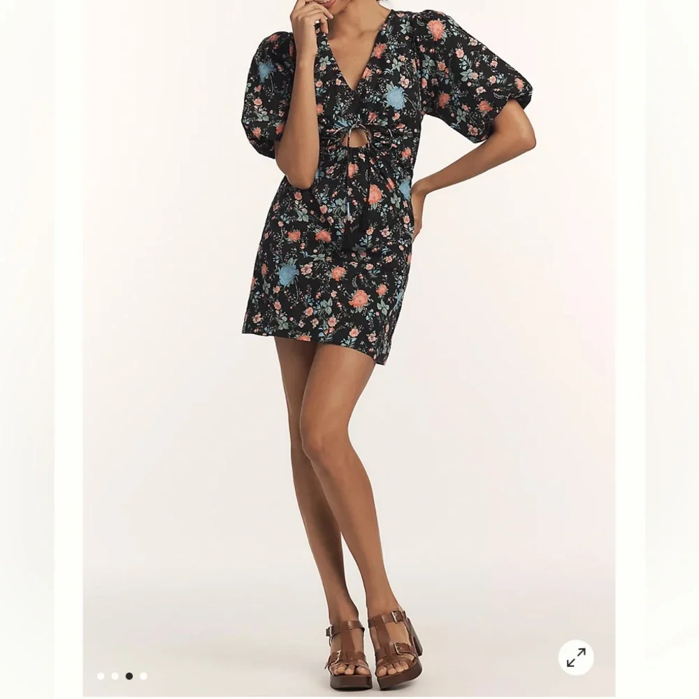 NEW Anthropologie Maeve Black Floral Peep Hole Puff Sleeve Mini Dress Size M - Picture 1 of 9